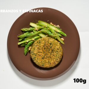 Burger de garbanzos y espinacas con micoproteína, sugerencia de presentación